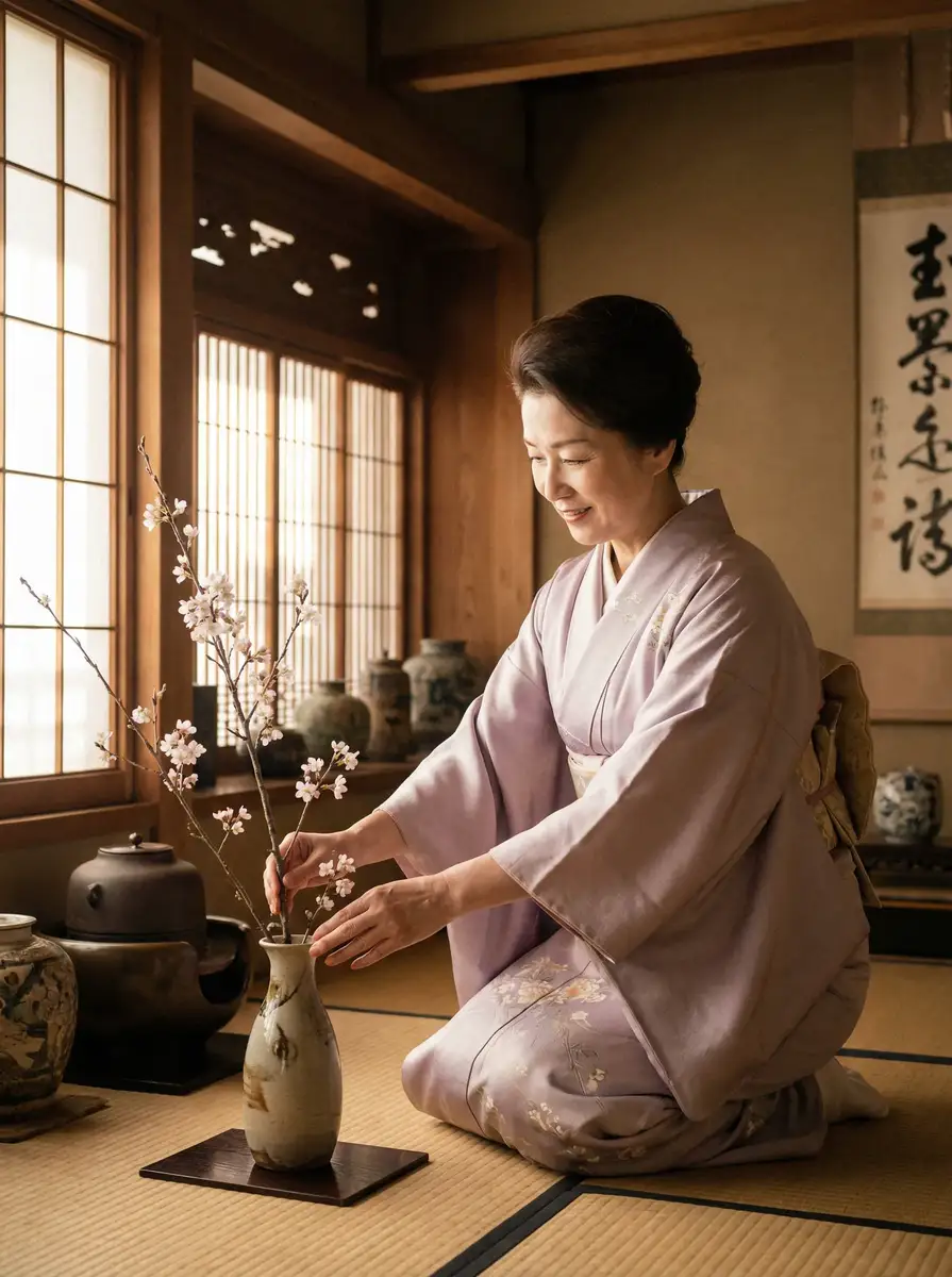一位优雅的 村奴 在和室中插花